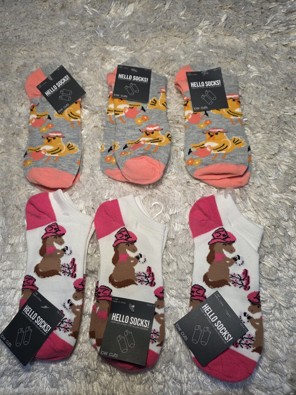 Women’s‎ Low-Cut Novelty Socks — Gray/Coral Duck & White/Pink Puppy - Pack of 6